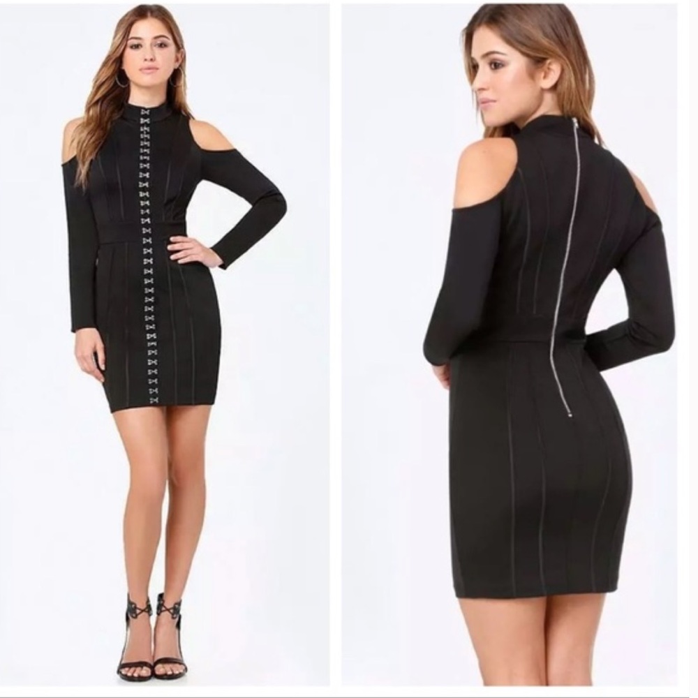 Bebe hook + eye cold shoulder mini dress